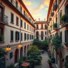 Cortile interno con case di ringhiera, balconi fioriti e tavolini all'aperto. Un'atmosfera serale accogliente.