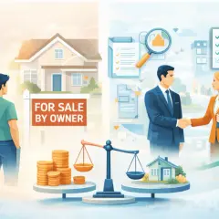Illustrazione che mostra come funziona un'agenzia immobiliare online: da un lato, un uomo perplesso davanti a una casa "in vendita per proprietario"; dall'altro, agenti che stringono la mano con successo.