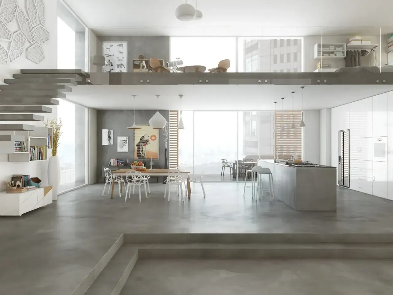 Ampio soggiorno moderno con soppalco, cucina a isola e un elegante pavimento in resina che dona continuità agli spazi.